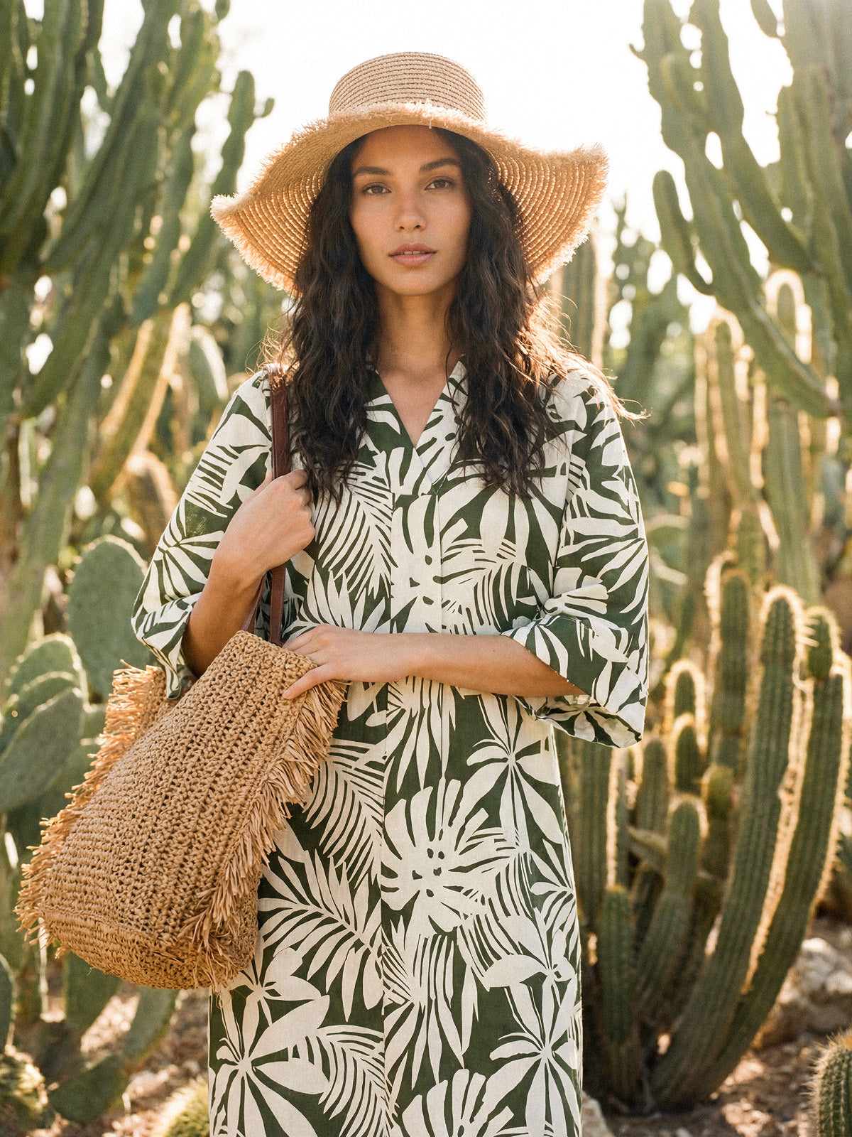 Linen Palm Print Camp Collar Relaxed Midi Shirt Dress MINERVA
