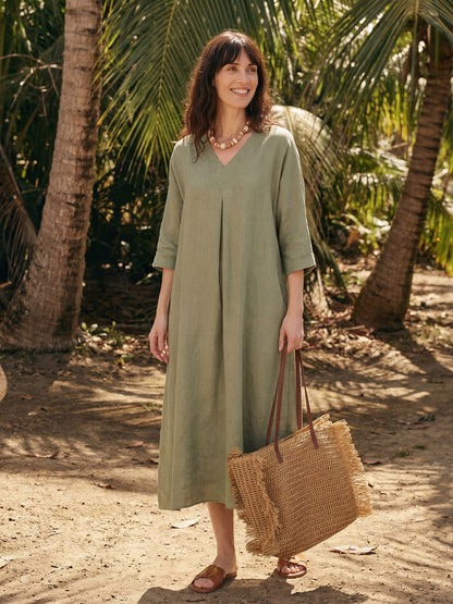 100% Linen Center Pleat V-Neck Cuffed Sleeve Midi Dress ZENOBIA
