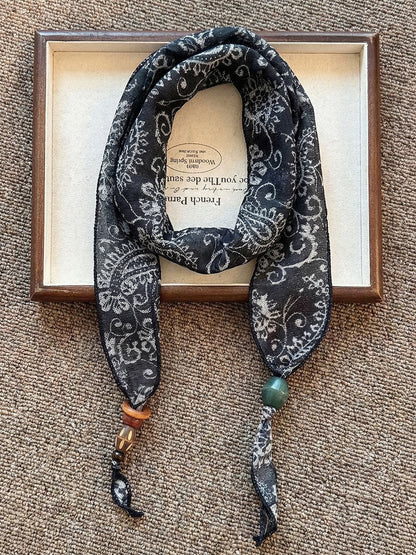 Multi-Functional Floral Satin Scarf With Jade Bead Accents