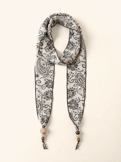 Multi-Functional Floral Satin Scarf With Jade Bead Accents