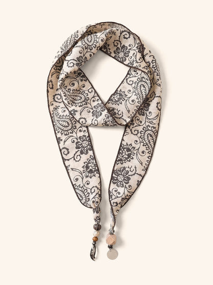 Multi-Functional Floral Satin Scarf With Jade Bead Accents