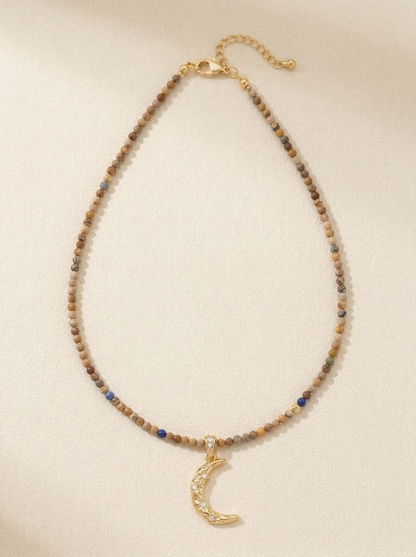 Handmade Natural Stone Beaded Necklace with Moon Pendant