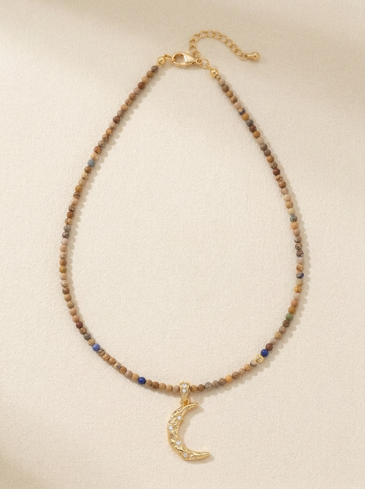 Handmade Natural Stone Beaded Necklace with Moon Pendant
