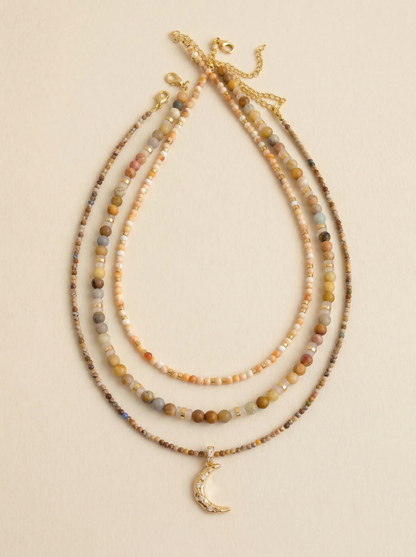 Handmade Natural Stone Beaded Necklace with Moon Pendant