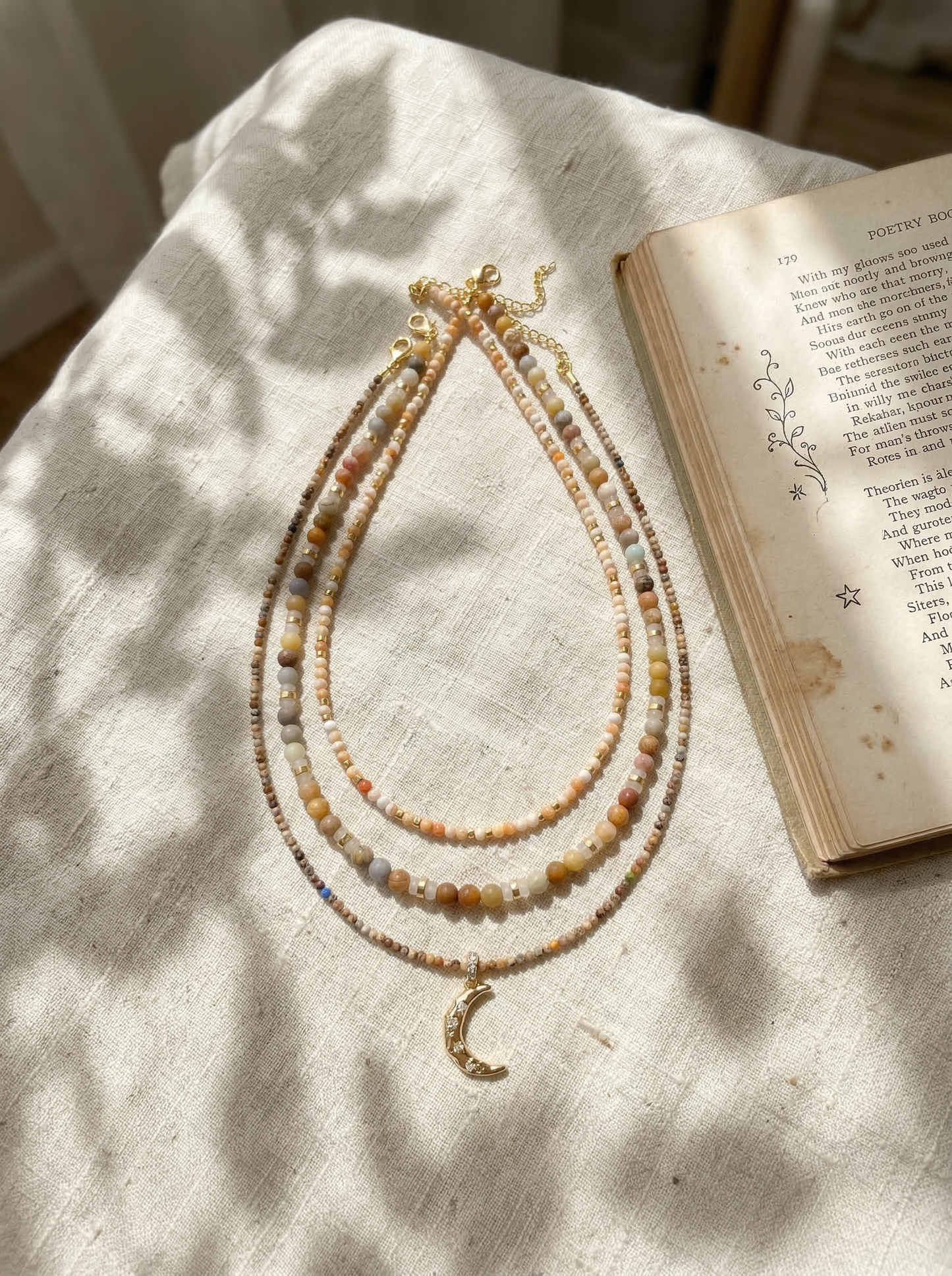 Handmade Natural Stone Beaded Necklace with Moon Pendant