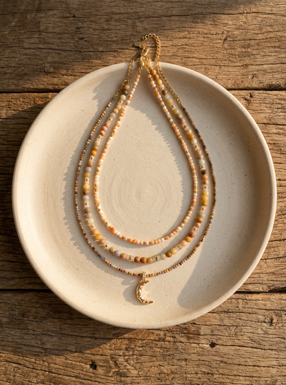 Handmade Natural Stone Beaded Necklace with Moon Pendant