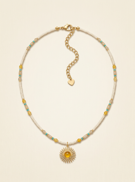 Natural Stone Beaded Necklace with Sun Pendant