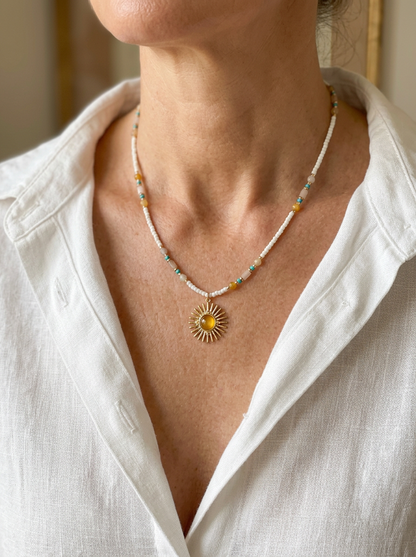 Natural Stone Beaded Necklace with Sun Pendant