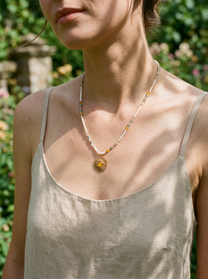 Natural Stone Beaded Necklace with Sun Pendant