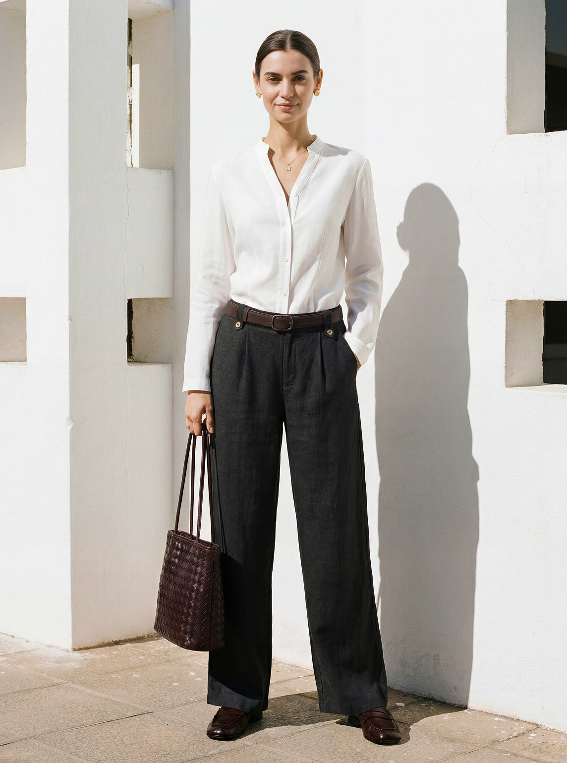 Linen-Lyocell Pleated Wide Leg Trousers with Back Elastic & Button Detail AISLING