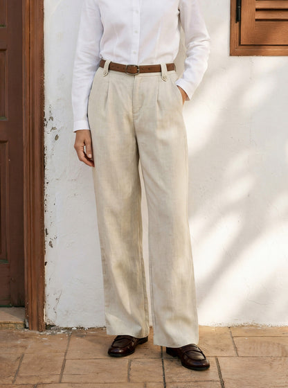Linen-Lyocell Pleated Wide Leg Trousers with Back Elastic & Button Detail AISLING