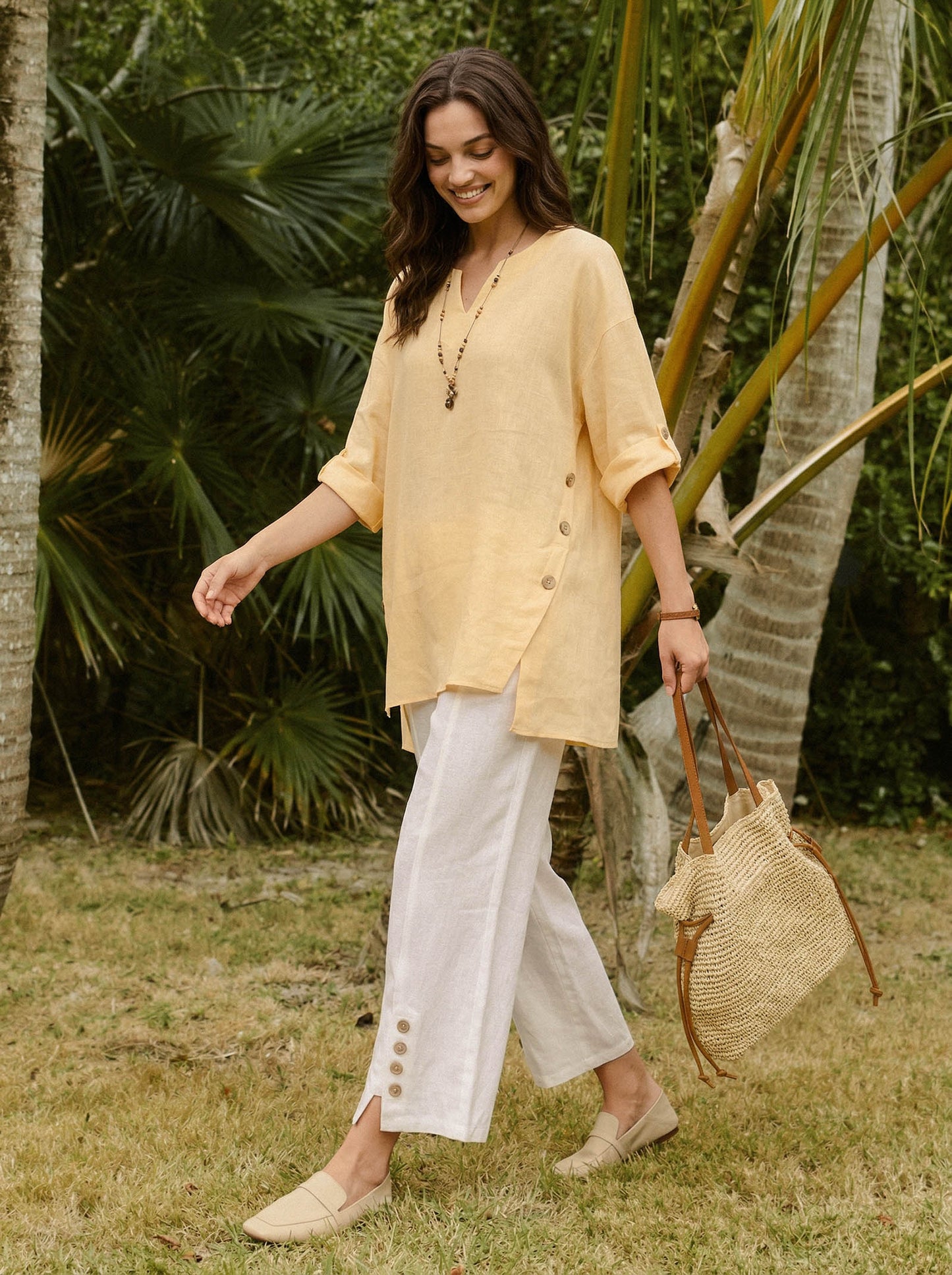 100% Linen Buttoned Split-Hem Pants ALINA