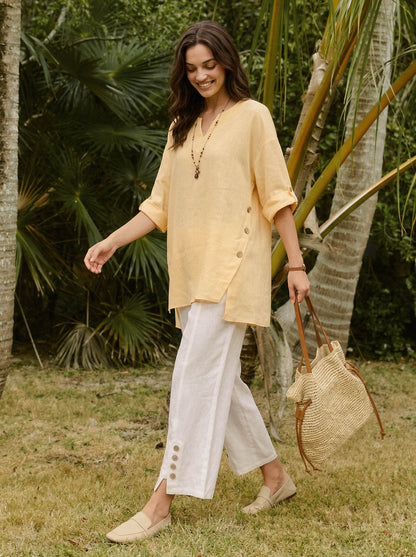 100% Linen Buttoned Split-Hem Pants ALINA