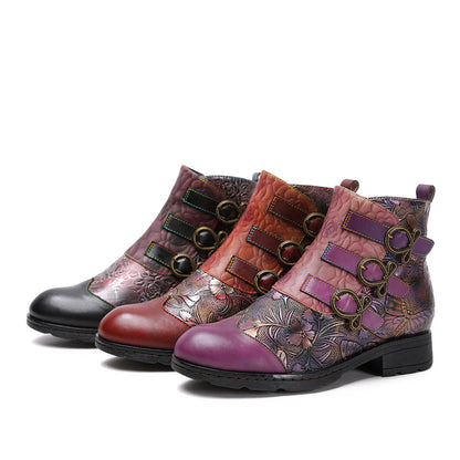 Retro Handmade Leather Painted Floral Flats Boots