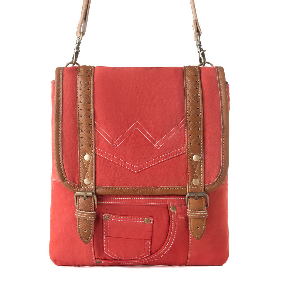 Myra Dustrider upcycled canvas vintage style Concealed-Carry bag for Women in red with leather detail