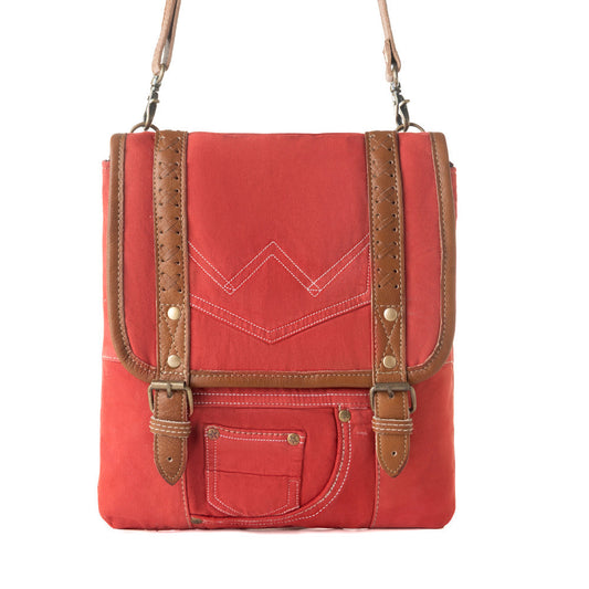 Myra Dustrider upcycled canvas vintage style Concealed-Carry bag for Women in red with leather detail