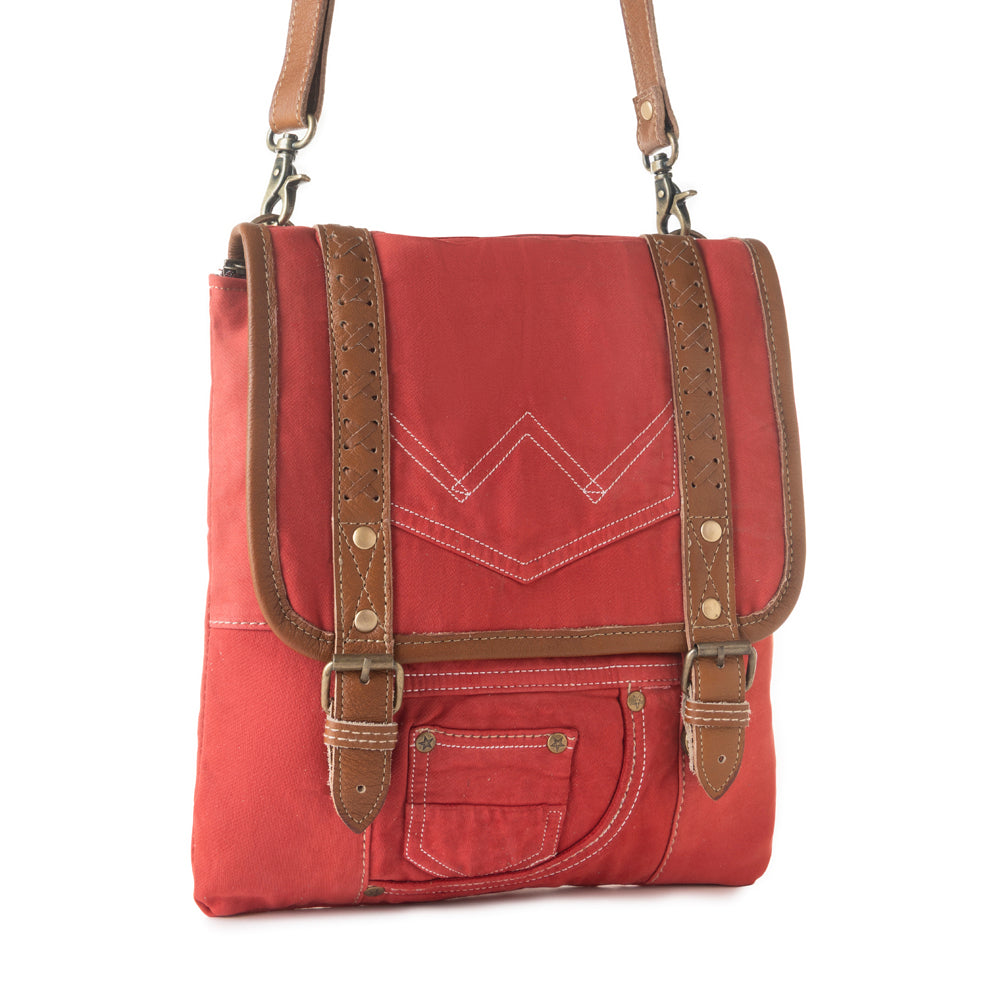 Myra Dustrider upcycled canvas vintage style Concealed-Carry bag for Women in red with leather detail