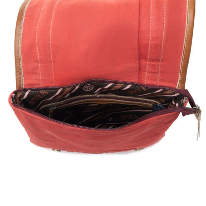 Myra Dustrider upcycled canvas vintage style Concealed-Carry bag for Women in red with leather detail