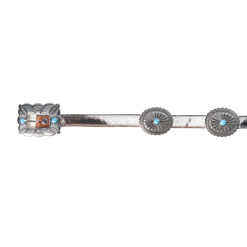Myra Floracrest Hairon Concho Belt for Women with Handtooling and Turquoise Stone Buckle