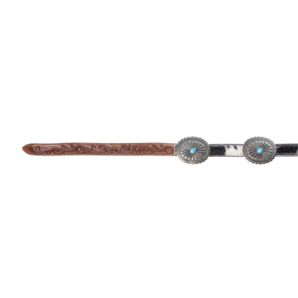 Myra Floracrest Hairon Concho Belt for Women with Handtooling and Turquoise Stone Buckle