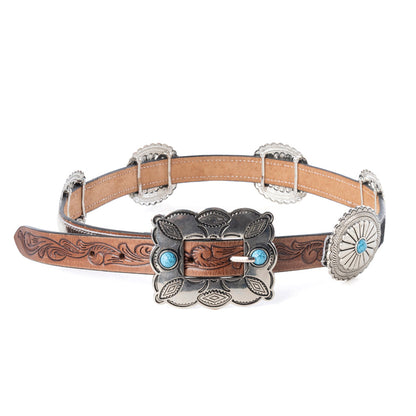 Myra Floracrest Hairon Concho Belt for Women with Handtooling and Turquoise Stone Buckle