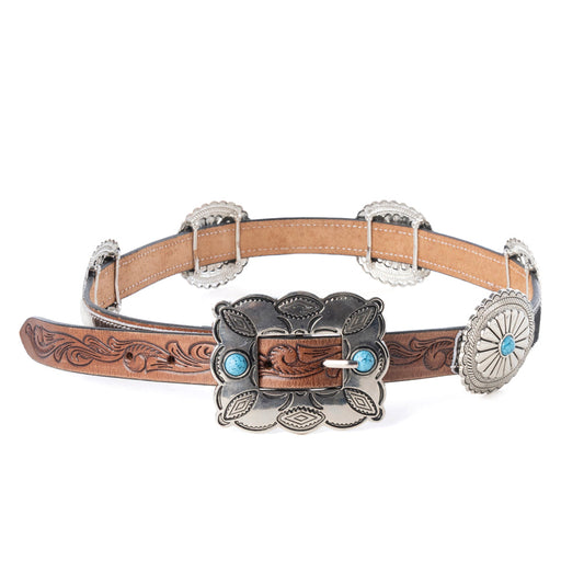 Myra Floracrest Hairon Concho Belt for Women with Handtooling and Turquoise Stone Buckle