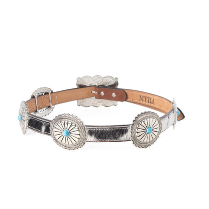 Myra Floracrest Hairon Concho Belt for Women with Handtooling and Turquoise Stone Buckle
