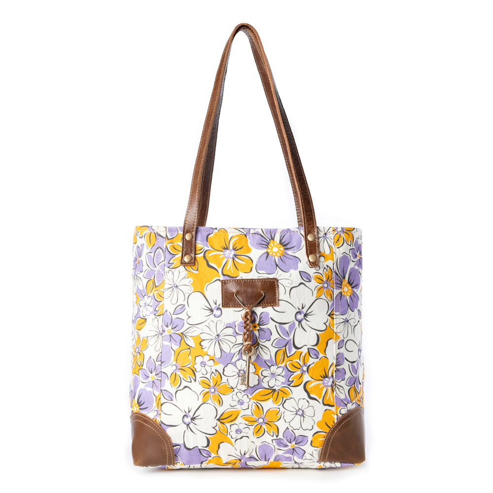 Myra Retro Bloom upcycled canvas tote Bag for Women in yellow with leather detail