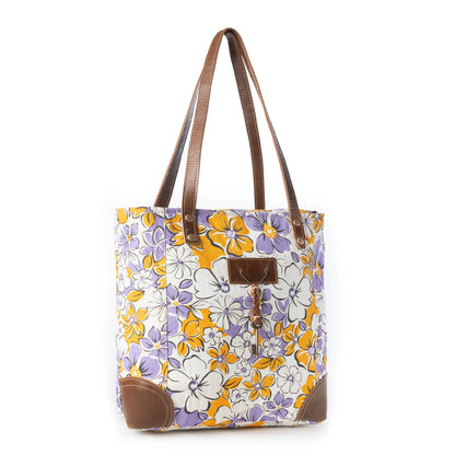 Myra Retro Bloom upcycled canvas tote Bag for Women in yellow with leather detail