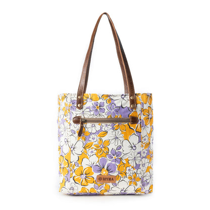 Myra Retro Bloom upcycled canvas tote Bag for Women in yellow with leather detail