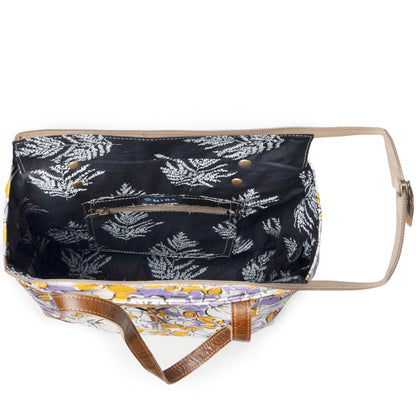 Myra Retro Bloom upcycled canvas tote Bag for Women in yellow with leather detail