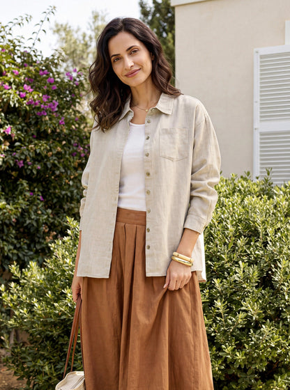 100% Linen Concealed Placket Patch Pocket Shirt FELICITY