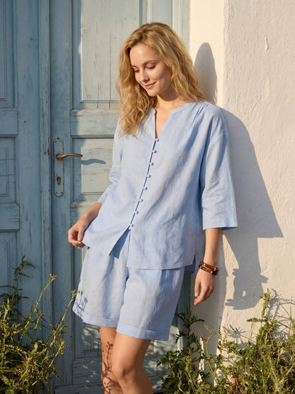 100% Linen Frog-Button Split-Neck Shirt GISELA