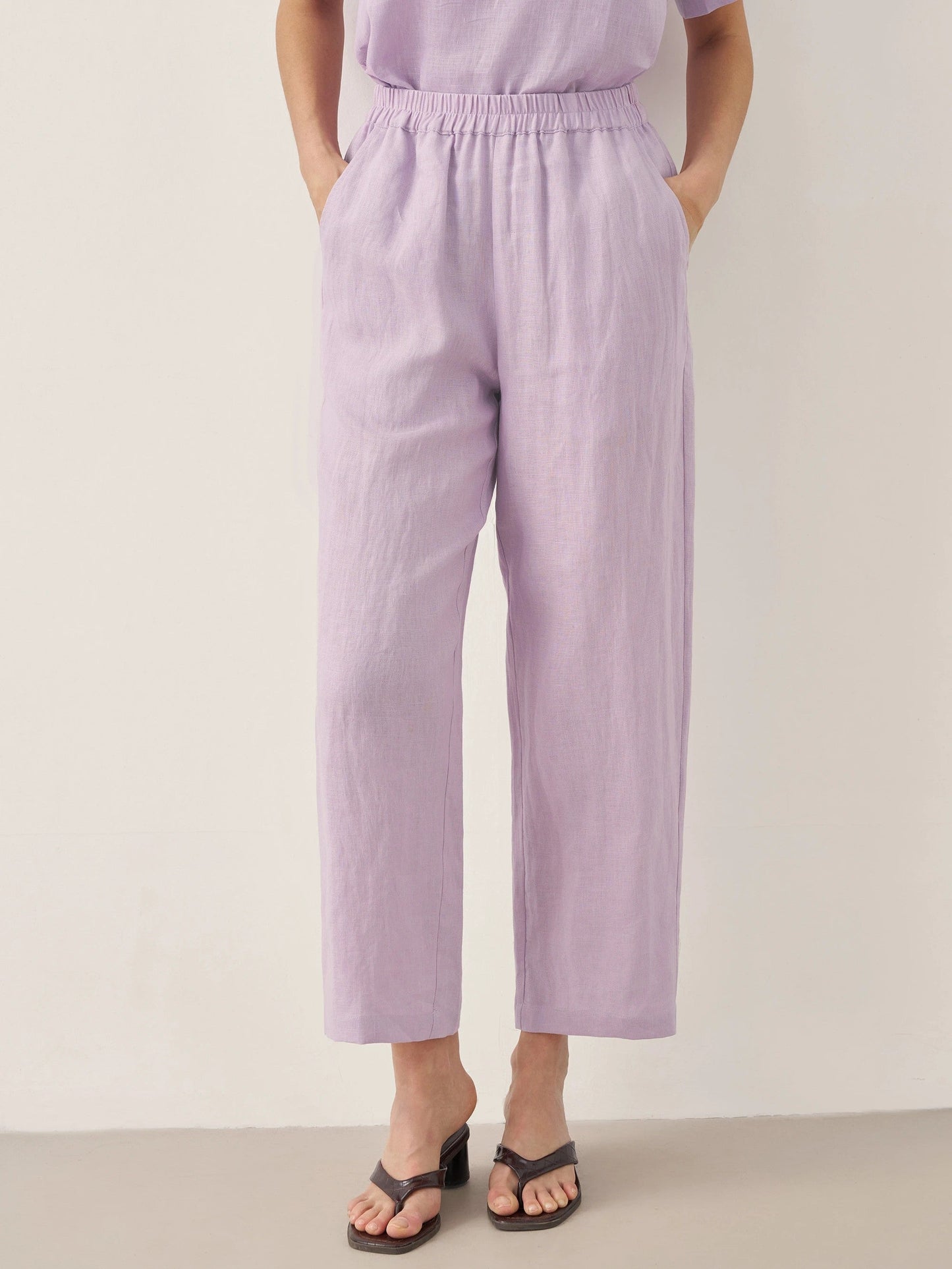 100% Linen Short-Sleeve Round Neck Button Detail Top & Pants Set SASHA