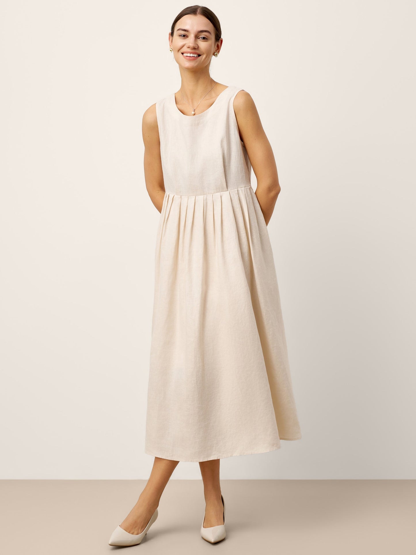 100% Linen Sleeveless Crew Neck Waist Pleated Midi Dress SELENE
