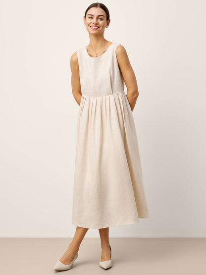 100% Linen Sleeveless Crew Neck Waist Pleated Midi Dress SELENE
