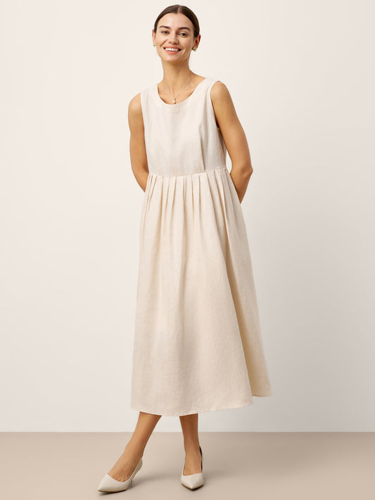 100% Linen Sleeveless Crew Neck Waist Pleated Midi Dress SELENE