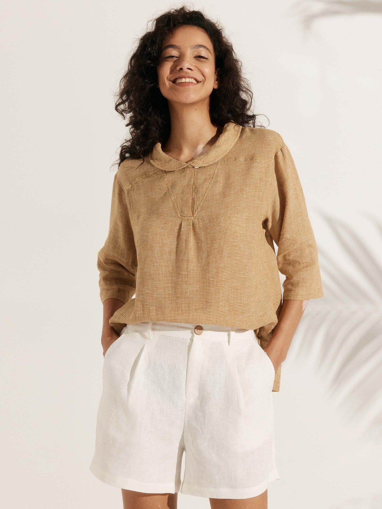 100% Linen Shawl V-Neck Half Sleeve Top JADE