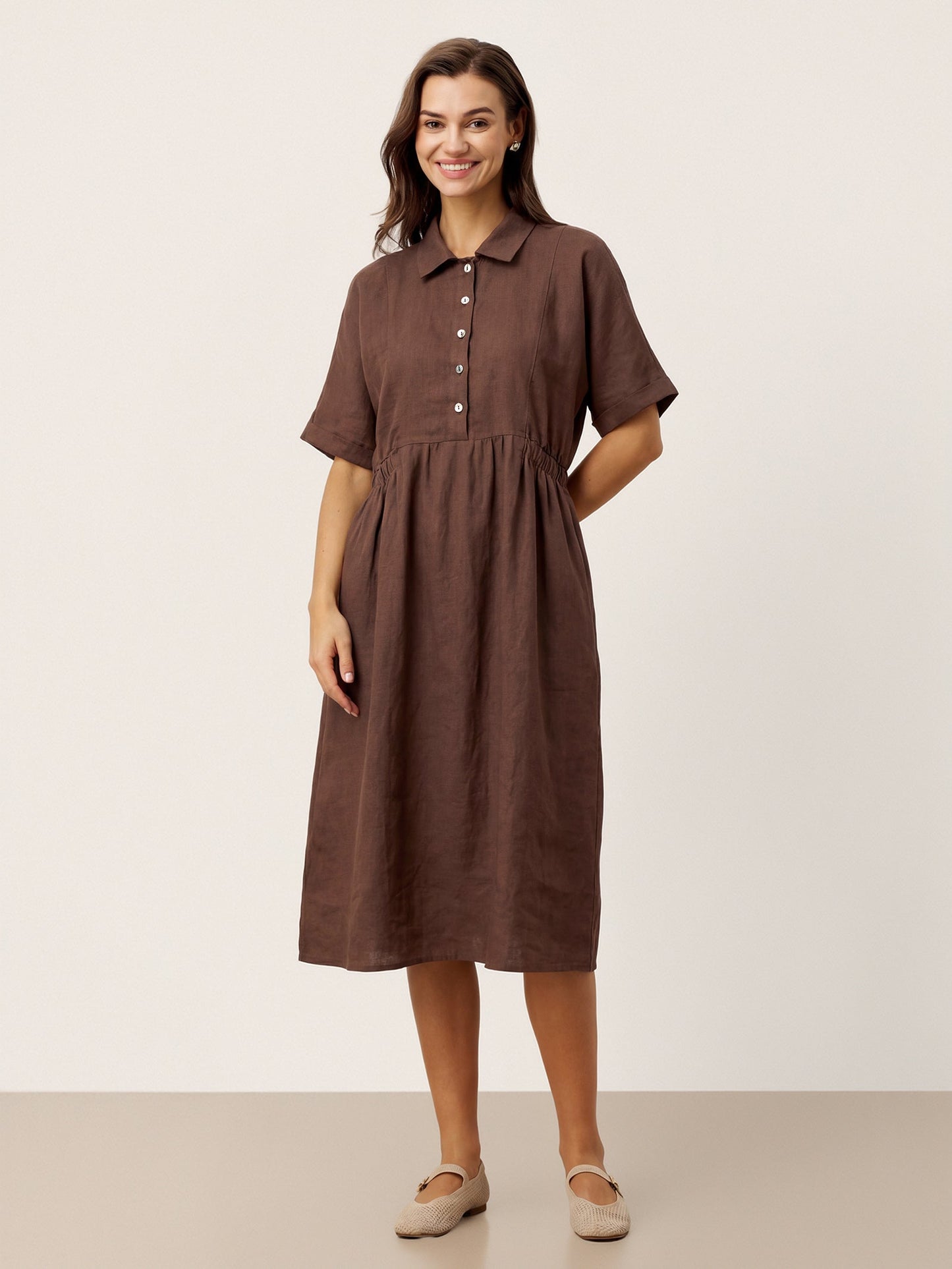 100% Linen Striped Buttoned Front Short Sleeve Midi Shirt Dress CASSANDRA