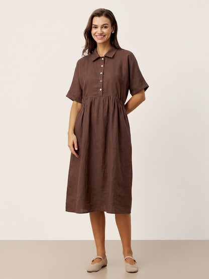 100% Linen Striped Buttoned Front Short Sleeve Midi Shirt Dress CASSANDRA