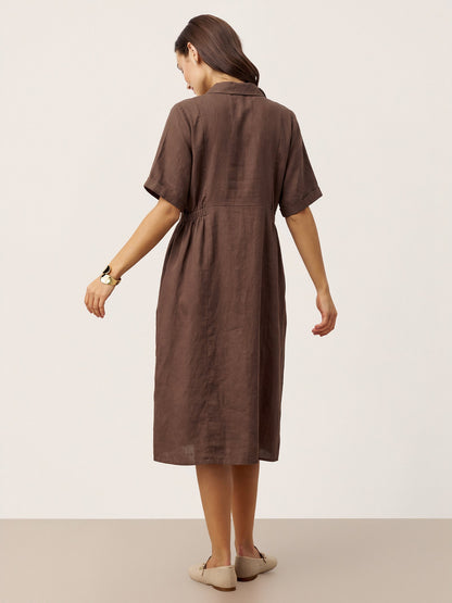 100% Linen Striped Buttoned Front Short Sleeve Midi Shirt Dress CASSANDRA