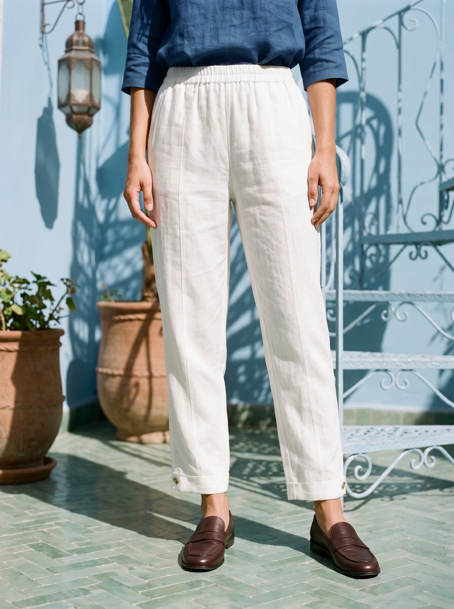 100% Linen Straight-Leg Pants with Elastic Waist PATRICE