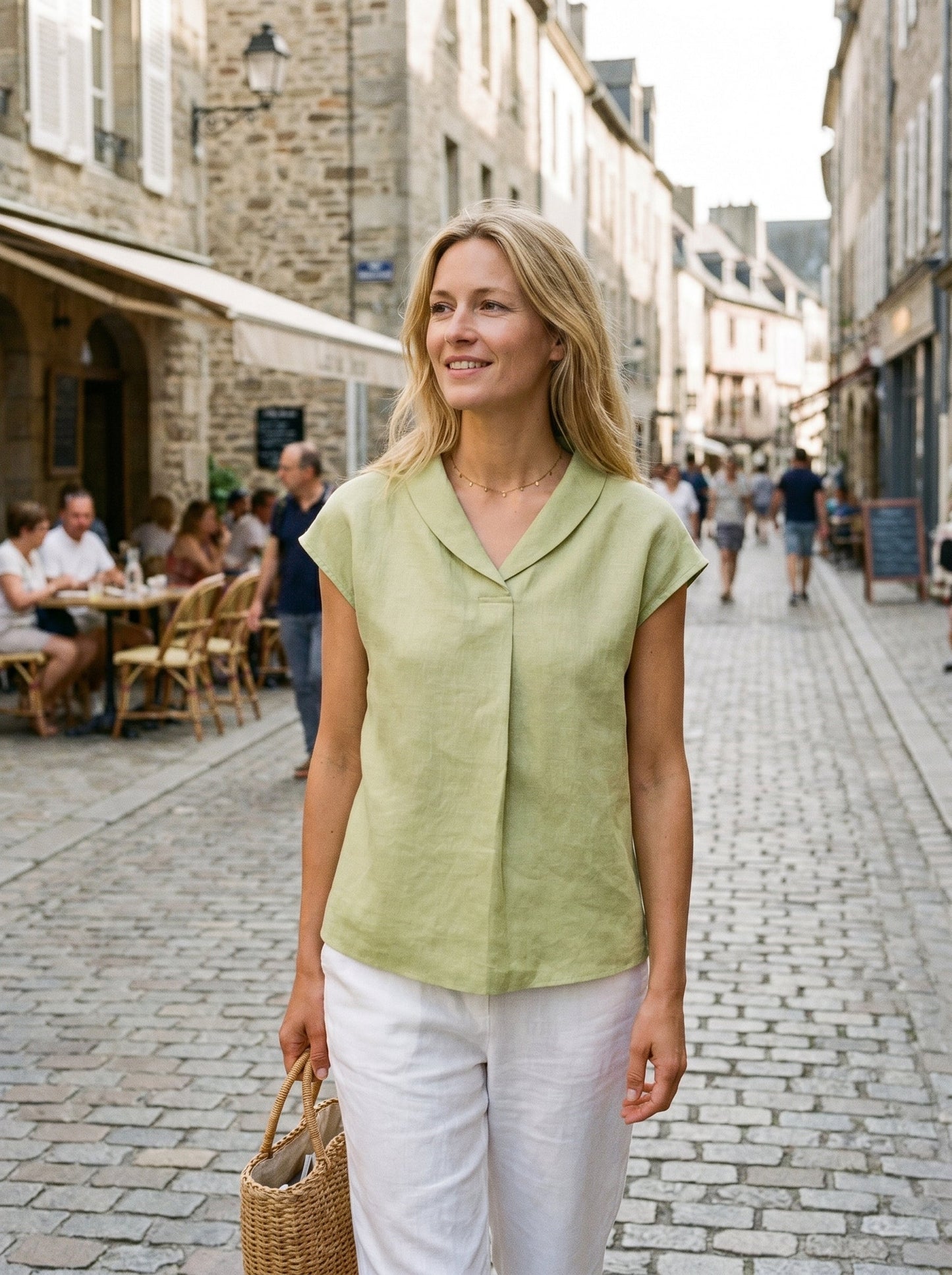 100% Linen Shawl V-Neck Cap Sleeves Top ELARA