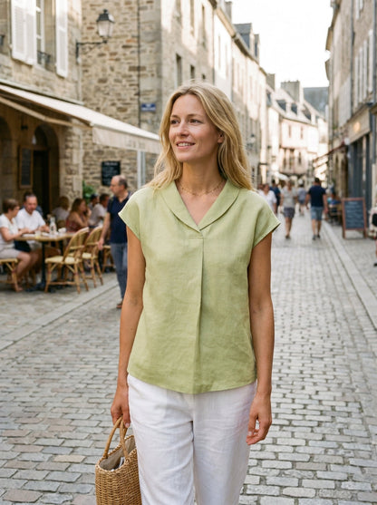 100% Linen Shawl V-Neck Cap Sleeves Top ELARA